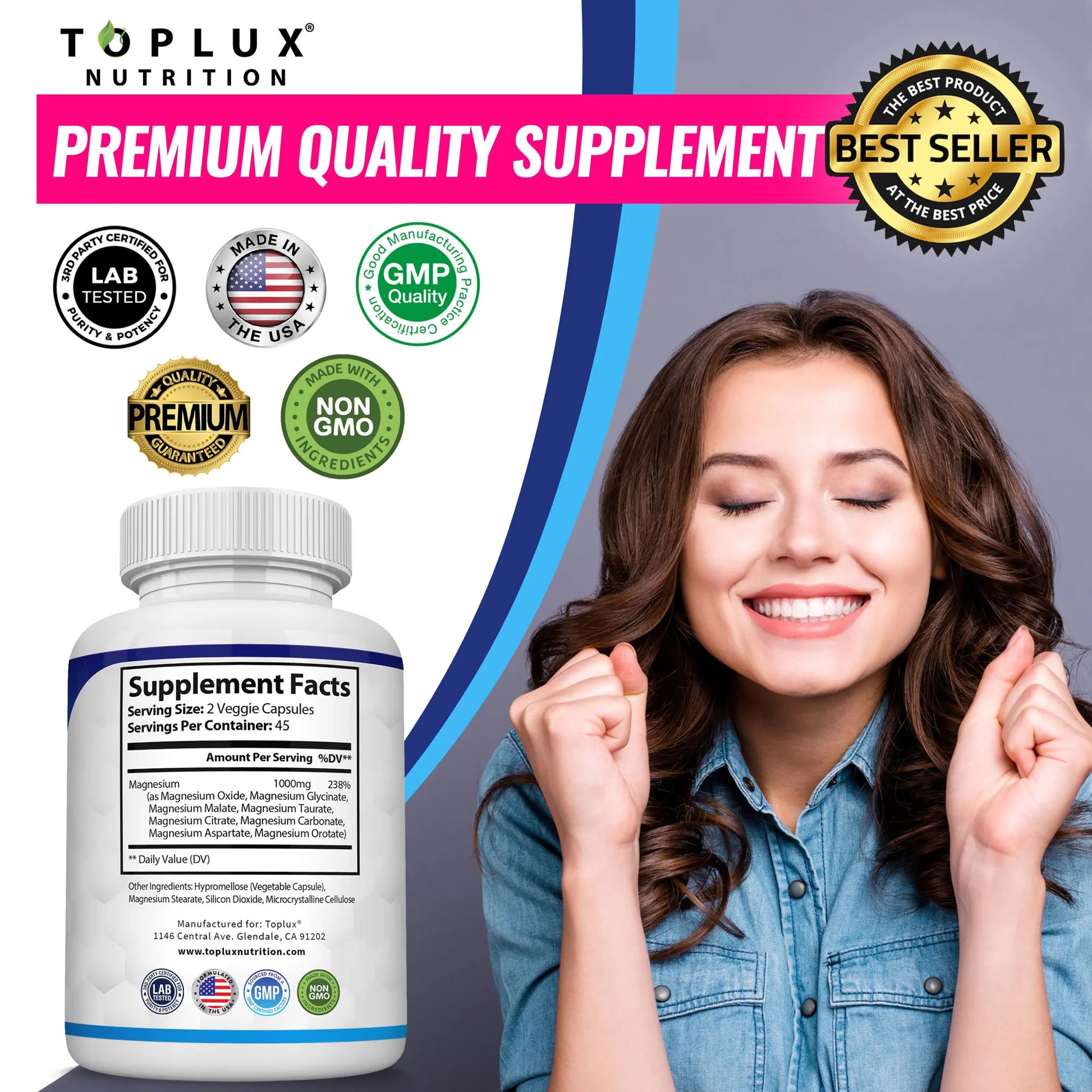 Unlock Restful Sleep with Toplux Magnesium Complex - 8 Essential Forms of Magnesium in One Powerful Capsule