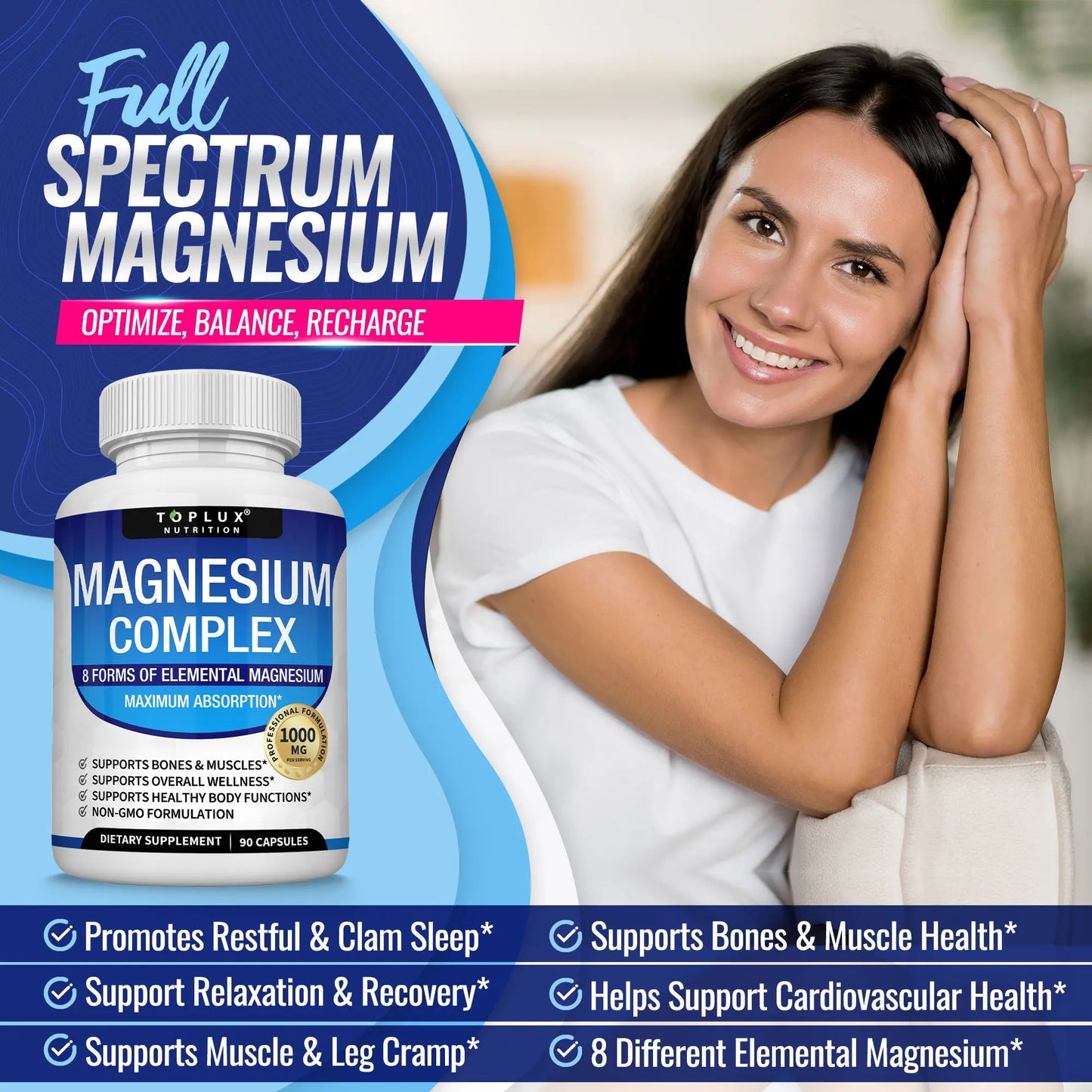Unlock Restful Sleep with Toplux Magnesium Complex - 8 Essential Forms of Magnesium in One Powerful Capsule